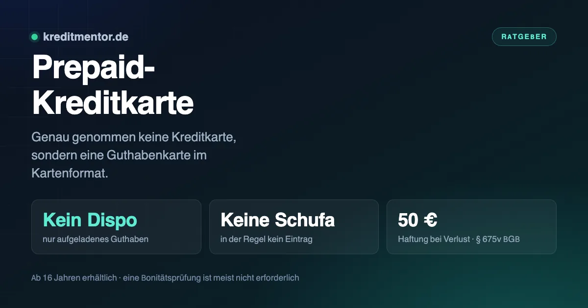 Infografik: Prepaid-Kreditkarte — Kein Dispo nur aufgeladenes Guthaben, Keine Schufa in der Regel kein Eintrag, 50 € Haftung bei Verlust · § 675v BGB.