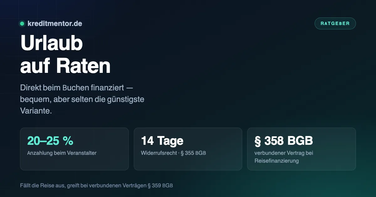 Infografik: Urlaub auf Raten — 20–25 % Anzahlung beim Veranstalter, 14 Tage Widerrufsrecht · § 355 BGB, § 358 BGB verbundener Vertrag bei Reisefinanzierung.
