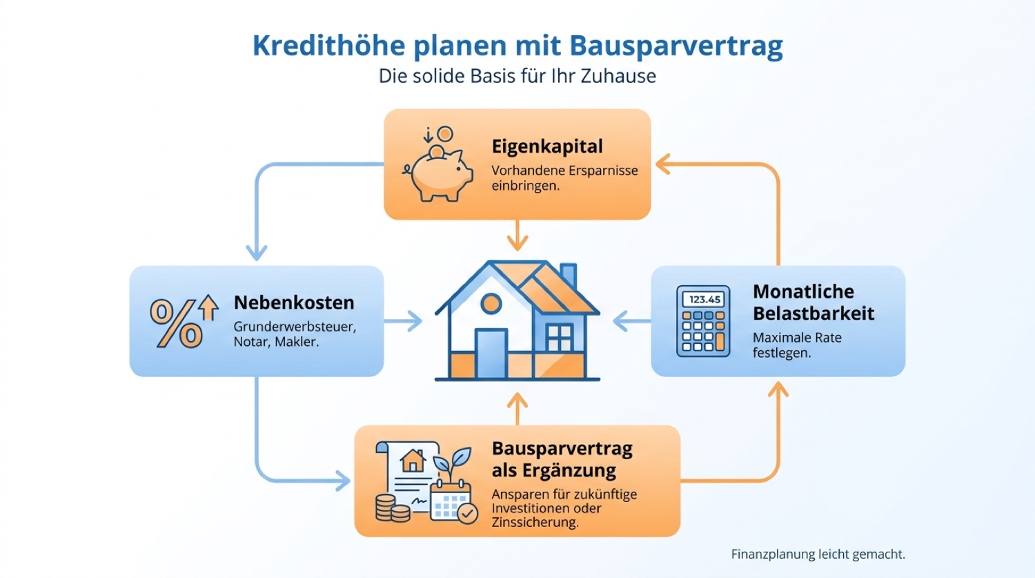 Infografik zur Kredithöhe-Planung mit Bausparvertrag: Eigenkapital, Nebenkosten, monatliche Belastbarkeit und Bausparvertrag als Ergänzung